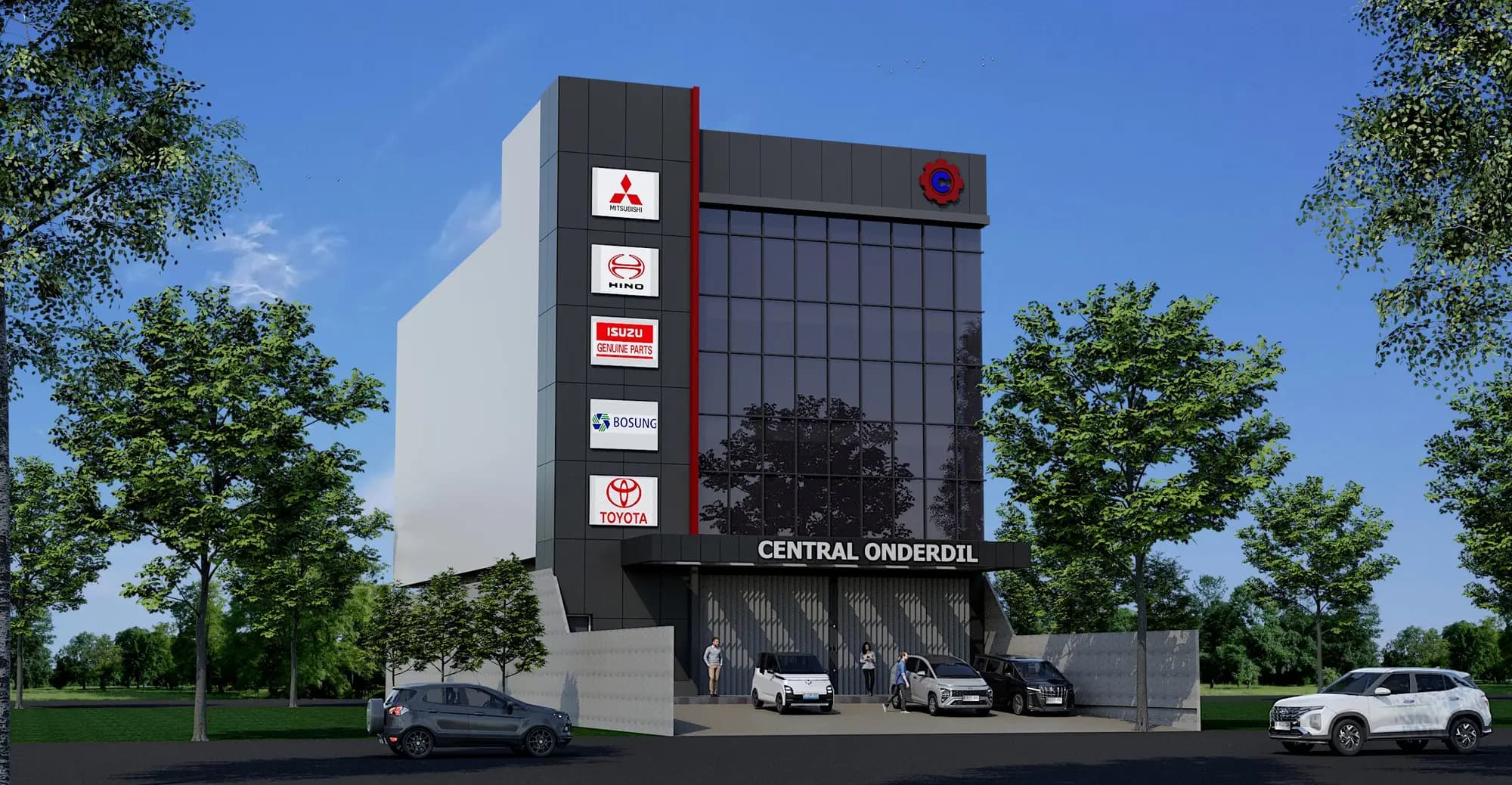 Rancangan gedung baru Central Onderdil di siang hari